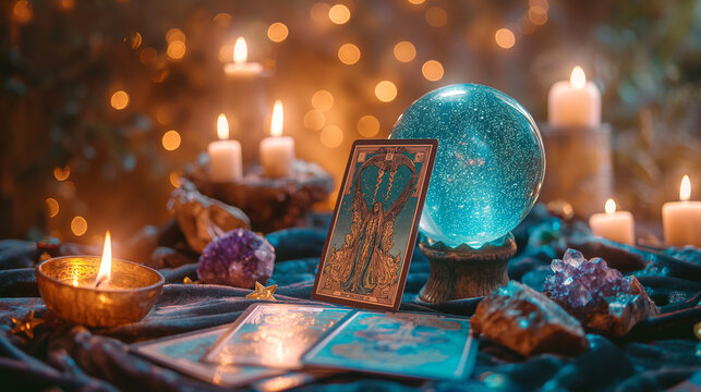 A mystical setup with tarot cards, shimmering crystals, and a glowing crystal ball on a velvet cloth, under candlelight