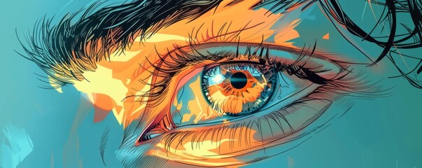 A stylized illustration of a close-up of a person's eye, the iris reflecting the world around them.