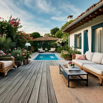 villa, floor is wooden texture, a cozy space intagrated with the garden, beautiful flowers, seating area is Biga enough and comfortable