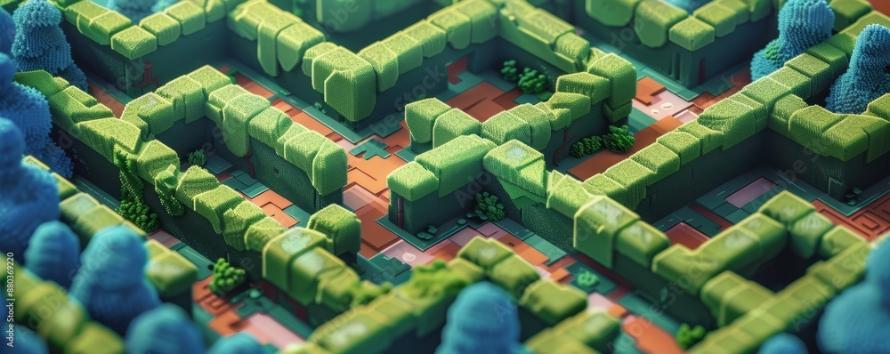 Wall mural a pixel art rendition of a pixelated maze with winding paths and hidden corners, representing the ch