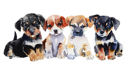 Obraz premium Group of cute puppies dogs sitting in a row watercolor illustration isolated on a white background