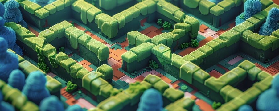 A pixel art rendition of a pixelated maze with winding paths and hidden corners, representing the challenges and choices we face in life.