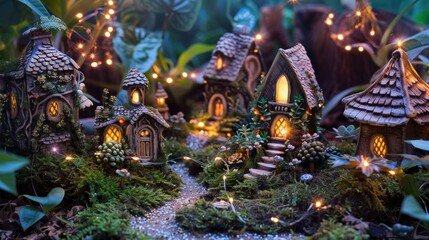 Fototapeta premium A whimsical fairy garden with tiny houses, miniature plants, and delicate fairy lights twinkling in the dusk.