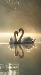 The serene water reflects their elegant silhouette, enhancing the romantic atmosphere of the early morning mist.