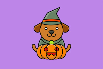 Retro Halloween Vector Art: Cute Wizard Dog with Pumpkin Clipart - Halloween Cartoon Icon Illustration