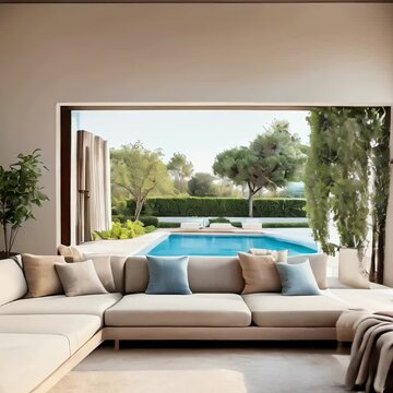 a villa, floor is wooden texture, a cozy space intagrated with the garden.