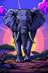 Majestic African Elephant Strolls Through Vibrant Savanna Landscape At Sunset