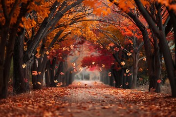 Enchanting Fall Scene with Tree-Lined Pathway and Colorful Leaves