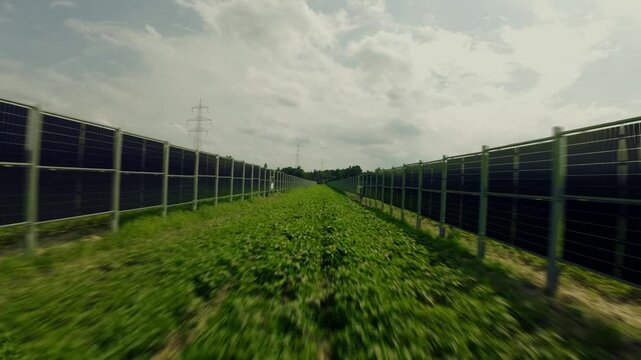 Drone passing between the solar panels installed in rows between the fields, agricultural photovoltaic system, Styria, Austria