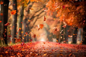 Serene Autumn Landscape: Forest Pathway with Red and Orange Leaves
