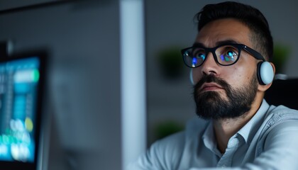 Fototapeta premium Man working on computer with ergonomic eye care setup, Workplace eye care, Reducing digital eye strain