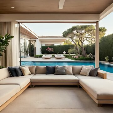 a villa, floor is wooden texture, a cozy space intagrated with the garden.