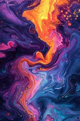 Dynamic abstract fluid art featuring vibrant swirls of purple, orange, and blue, creating a mesmerizing and colorful visual experience.