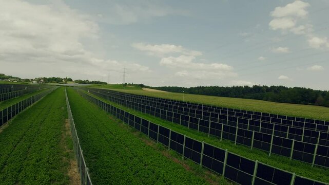 Drone flying above the agricultural field and photovoltaic system, solar panels installed in rows between the fields, Styria, Austria