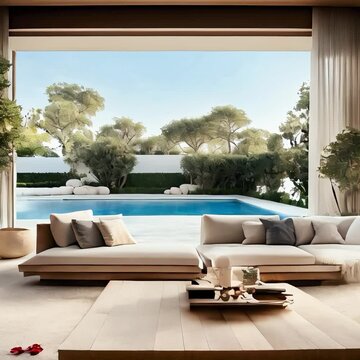 a villa, floor is wooden texture, a cozy space intagrated with the garden