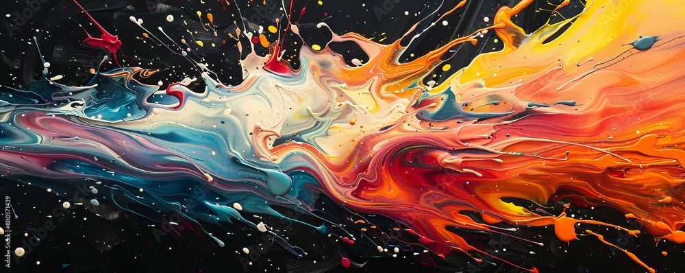 Poster a splash of paint on a canvas, its colors bleeding and blending into each other.