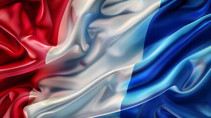 Olympic rings on top of abstract digital background or texture design of french flag colors, France national country symbol illustration wavy silk fabric background