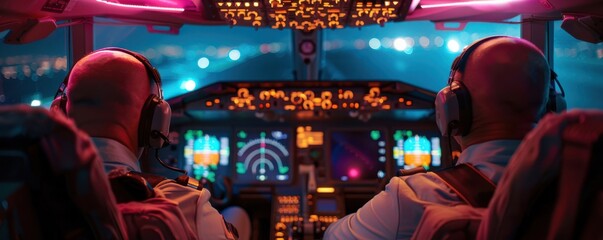 Fototapeta premium Captain and co-pilot reviewing flight plan, modern cockpit technology, precision and coordination