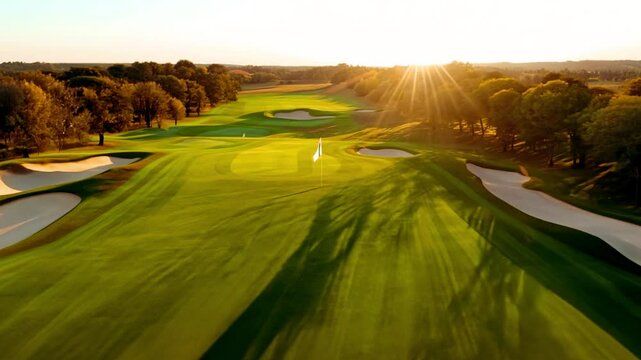 Aerial shot 4K Drone flying capturing massive golf course at national golf club. Beautiful landscape and sport field sunlight