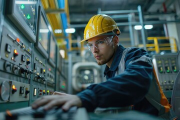 Engineer working on computer in warehouse. Factory worker using computer in warehouse.