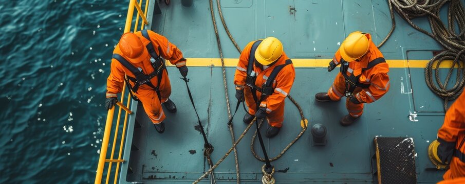 Crew members conducting emergency drills, serious and focused, prioritizing safety