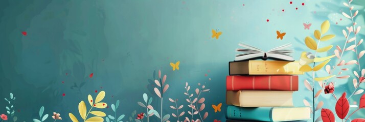 World Book Lovers Day. Horizontal banner. Stack of books and an open book. Free space for text. Day of knowledge, day of literacy. Back to school, education learning concept. Library Day