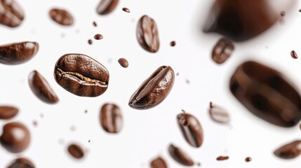 Obraz premium Coffee Beans in Motion: A captivating image of roasted coffee beans suspended in mid-air, showcasing their rich brown hues and intricate textures. The beans appear to be falling.