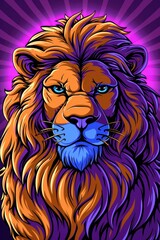 Colorful illustration of a majestic lion with vibrant blue eyes and a radiant purple and orange mane