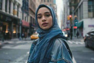 Young Woman in Blue Hijab Walking on a City Street