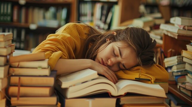 Student studies hard for exam and sleeps on books, tired girl reads difficult books in library. copy space for text. Image of education.