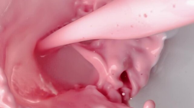Macro super-slow motion with strawberry milkshake pouring into glass, tasty cocktail and smoothie