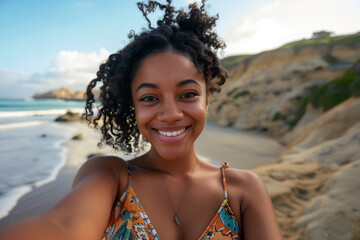 Happy young  black woman taking a selfie on the beach