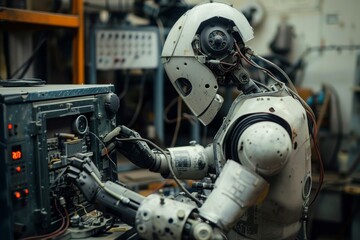 Fototapeta premium White Robot Working on Electronics in Industrial Setting