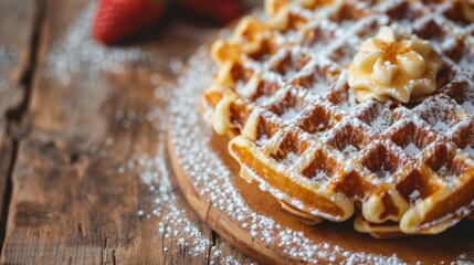 National Waffle Day. Horizontal banner. Round waffles on a wooden background. Breakfast treat. Free space for text. copy space