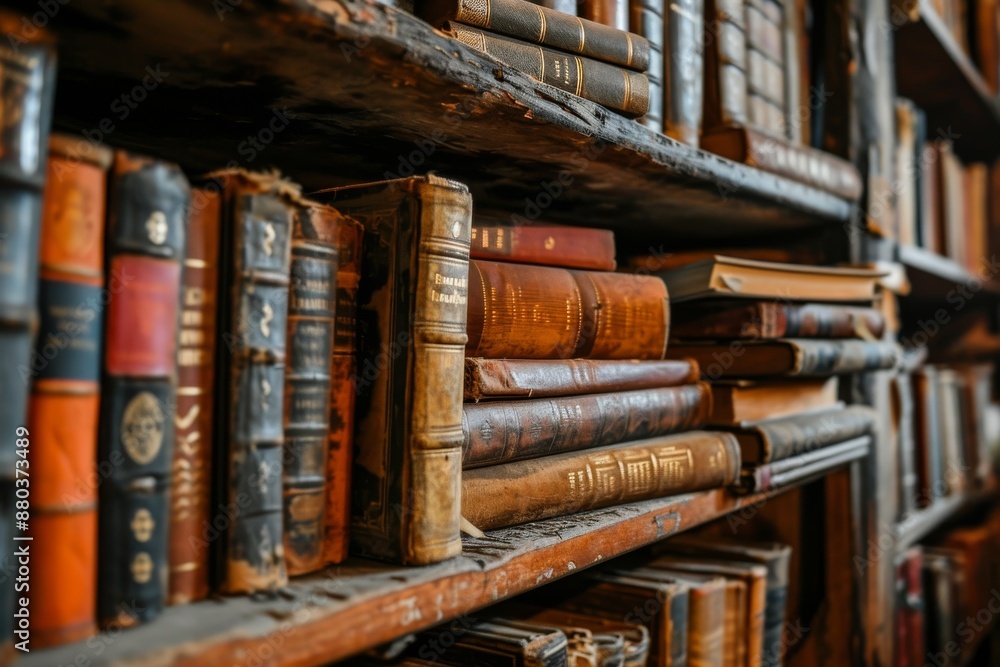 Poster antique books displayed on shelf in well-lit room, creating warm atmosphere, a bookshelf filled with