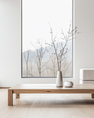 Luxury living room interiors with minimalist furniture and natural window lighting. Luxurious residential Real Estate composition.