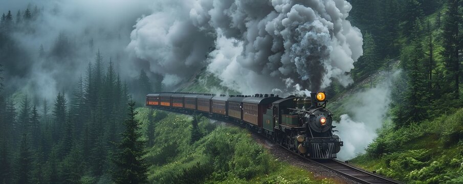 A steam locomotive chugging through a misty mountain pass.