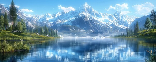 Naklejka premium A serene mountain lake reflecting the snow-capped peaks that surround it, its waters crystal clear and inviting.