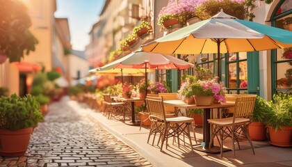 Fototapeta premium Un petit café, terrrasse ornée de plantes et de parasols