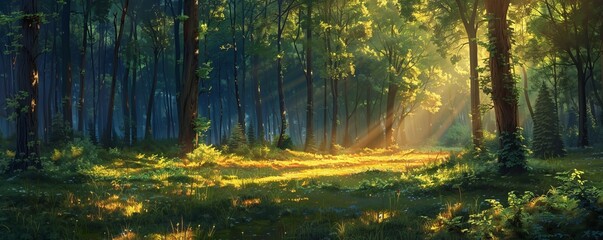 Obraz premium A tranquil forest bathed in the warm glow of the setting sun, casting long shadows through the trees.