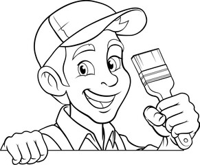 A painter decorator handyman cartoon construction man mascot character holding a paint brush tool