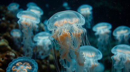 Beautiful colorful jellyfish swimming in the deep sea
