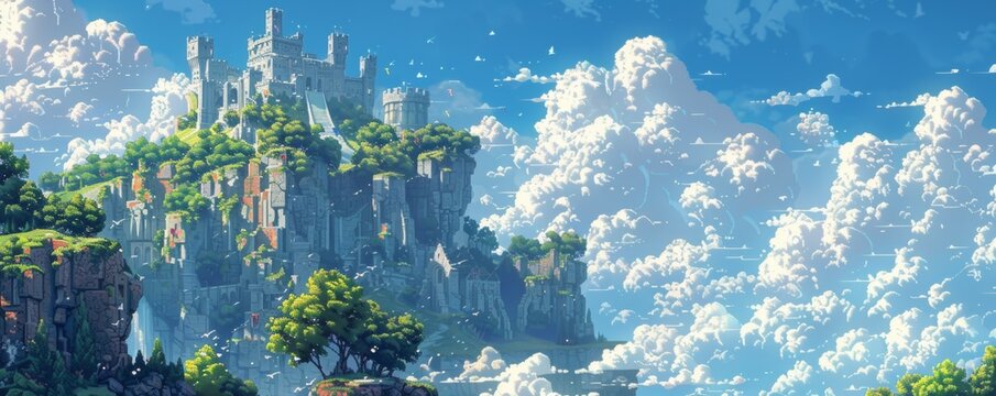 A pixel art rendition of a pixelated castle perched atop a pixelated hill, its pixelated towers reaching towards the pixelated sky.