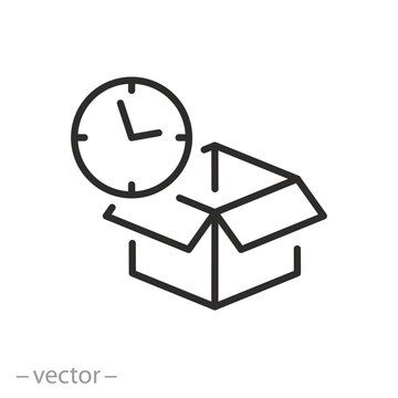 isometric open box with watch icon, best before date concept, open packaging, timeboxing concept, thin symbol - vector illustration