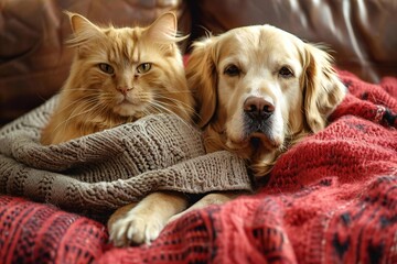 Obraz premium Purr-fect Companions: Feline and Canine Cozy Up in Digitally Created Picture