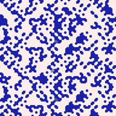 Faded electric blue glitch geo washed effect seamless pattern. Indigo dye grungy blotched distress abstract background texture repeat. 