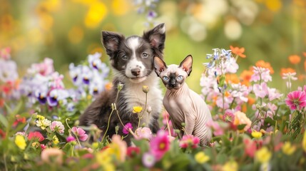 Fototapeta premium Joyful Harmony: Border Collie Puppy, Sphynx Kitten in Vibrant Garden