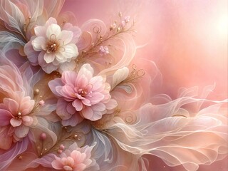 Greeting, invitation, wedding card. Beautiful fantasy soft tulle flowers pink and white , oil on air brush , vivid ,gold alcohol ink , background muted pink