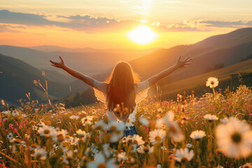 Woman with open arms enjoying sunset on the mountain, free and happy lifestyle concept. Girl standing in a meadow field of flowers at golden hour. Beautiful woman feeling freedom. Golden sunlight.