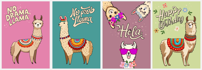 Fototapeta premium Set of card templates with Cute llama alpaca cartoon characters. Trendy graphic design for nursery wall art, poster, greeting, birthday card, baby shower party invitation. Colorful vector illustration